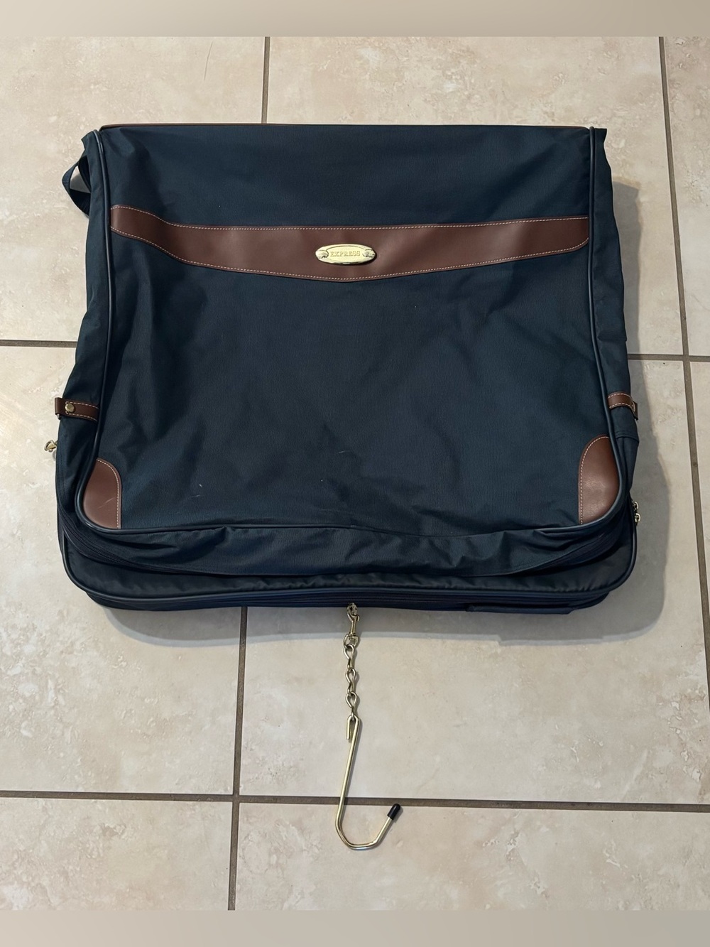 Express Navy Garment Bag with Brown Trim and Hanging Hook